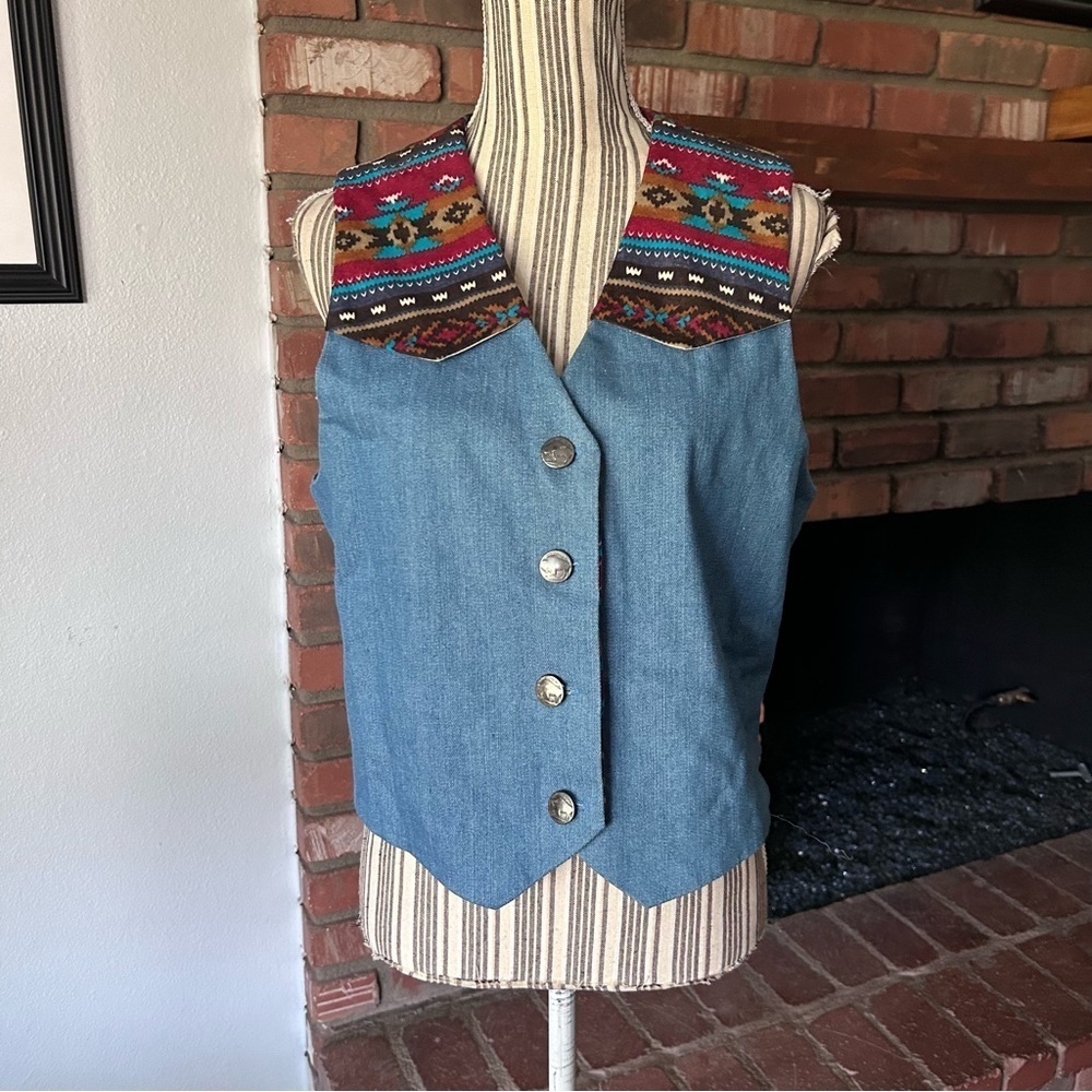Vintage Handmade Western Aztec Print Denim Vest Sz M/L